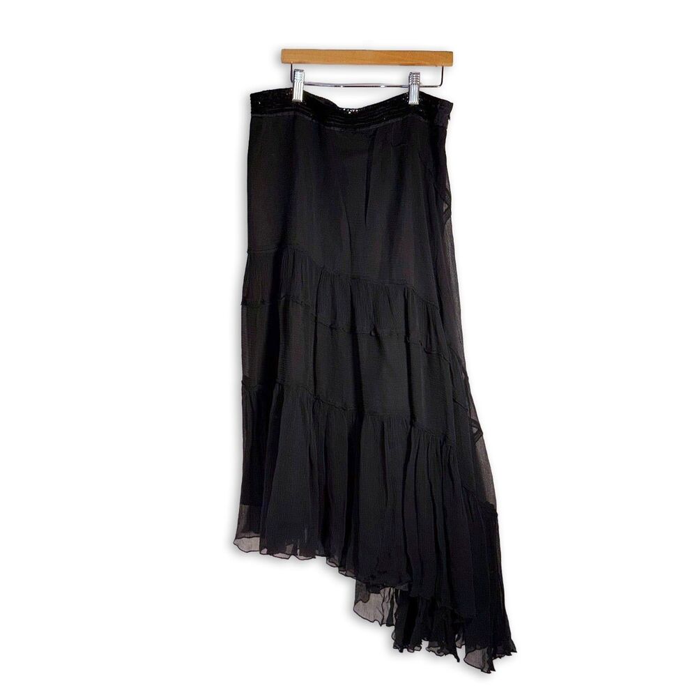 Vintage Carole Little Black Silk Chiffon Asymmetrical Tiered Skirt Sequin Waist